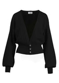 Seren Cardigan with billowing sleeves and deep V-neckline in black.
