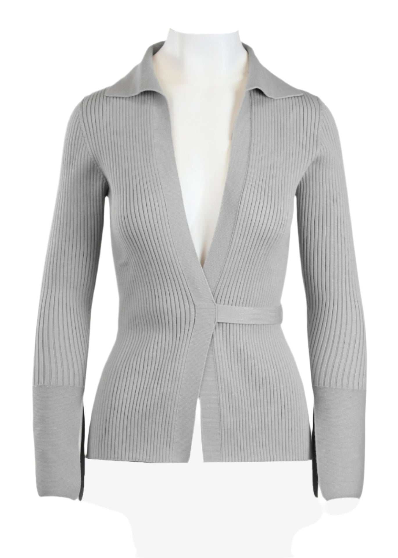 Elios Cardigan in light grey with plunging neckline and waist tie.