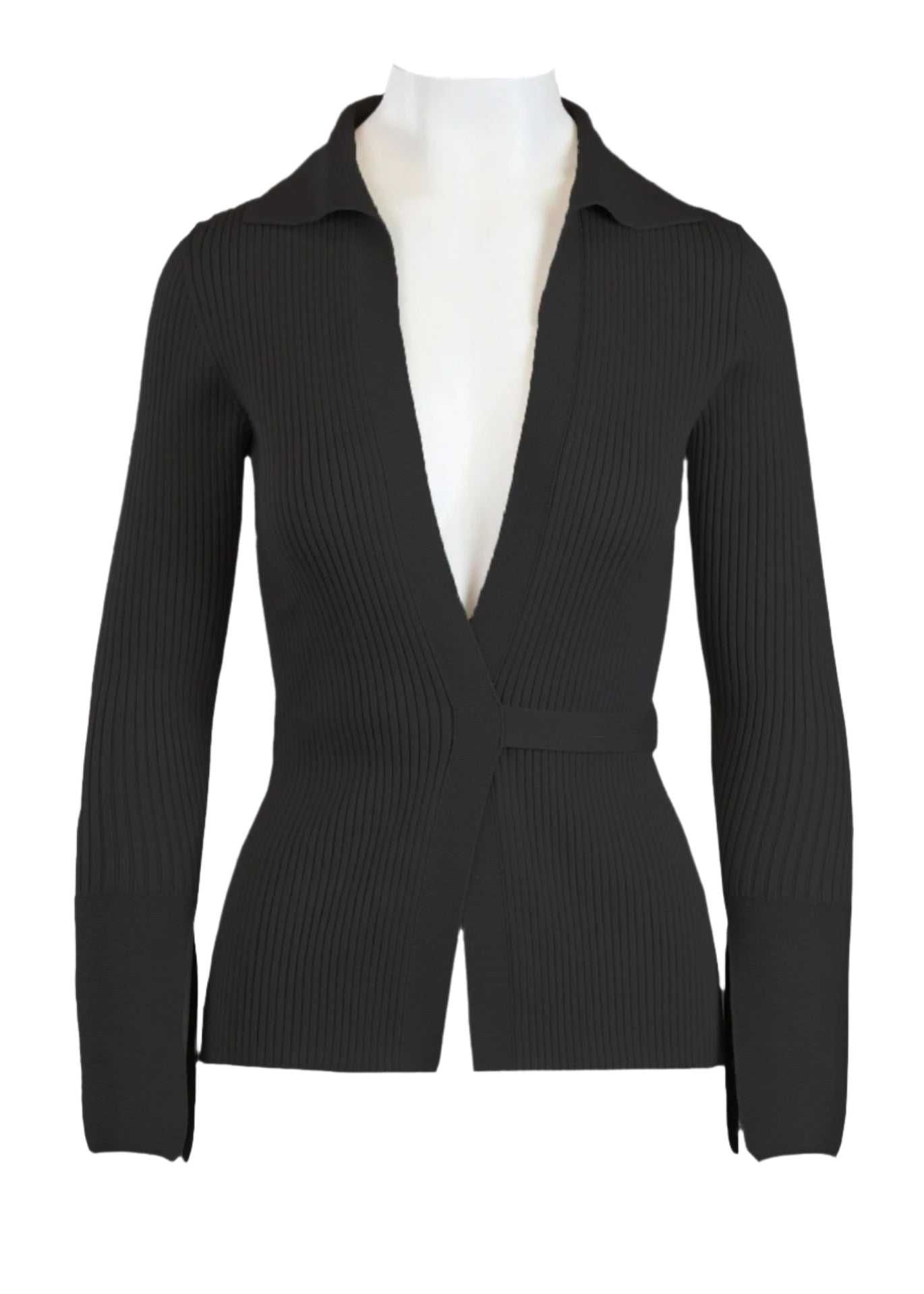 Elios Cardigan in black with plunging neckline and sewn-in waist tie.