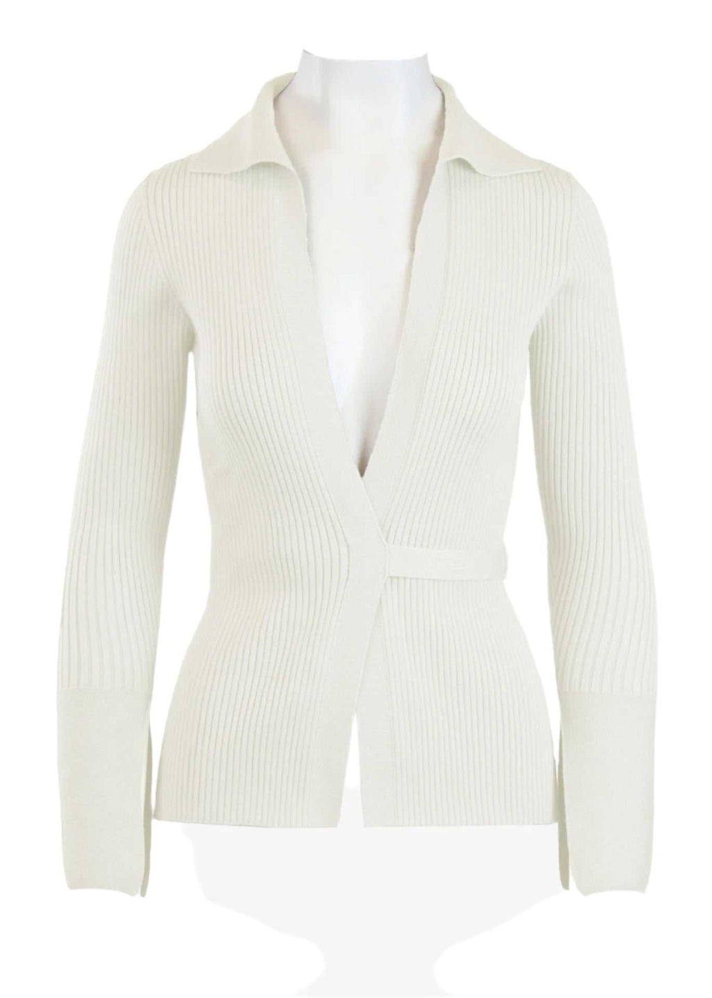 Elios Cardigan in ivory with a plunging neckline and sewn-in waist tie closure.