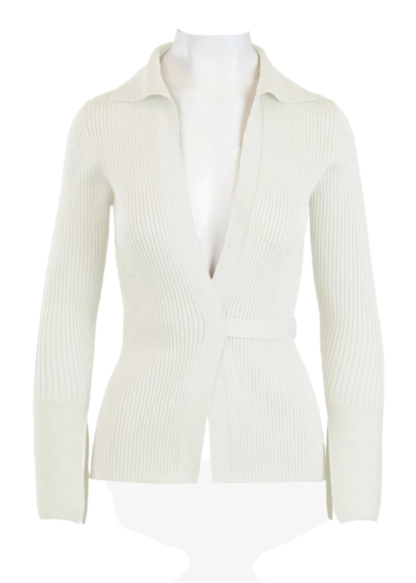 Elios Cardigan in ivory with a plunging neckline and sewn-in waist tie closure.