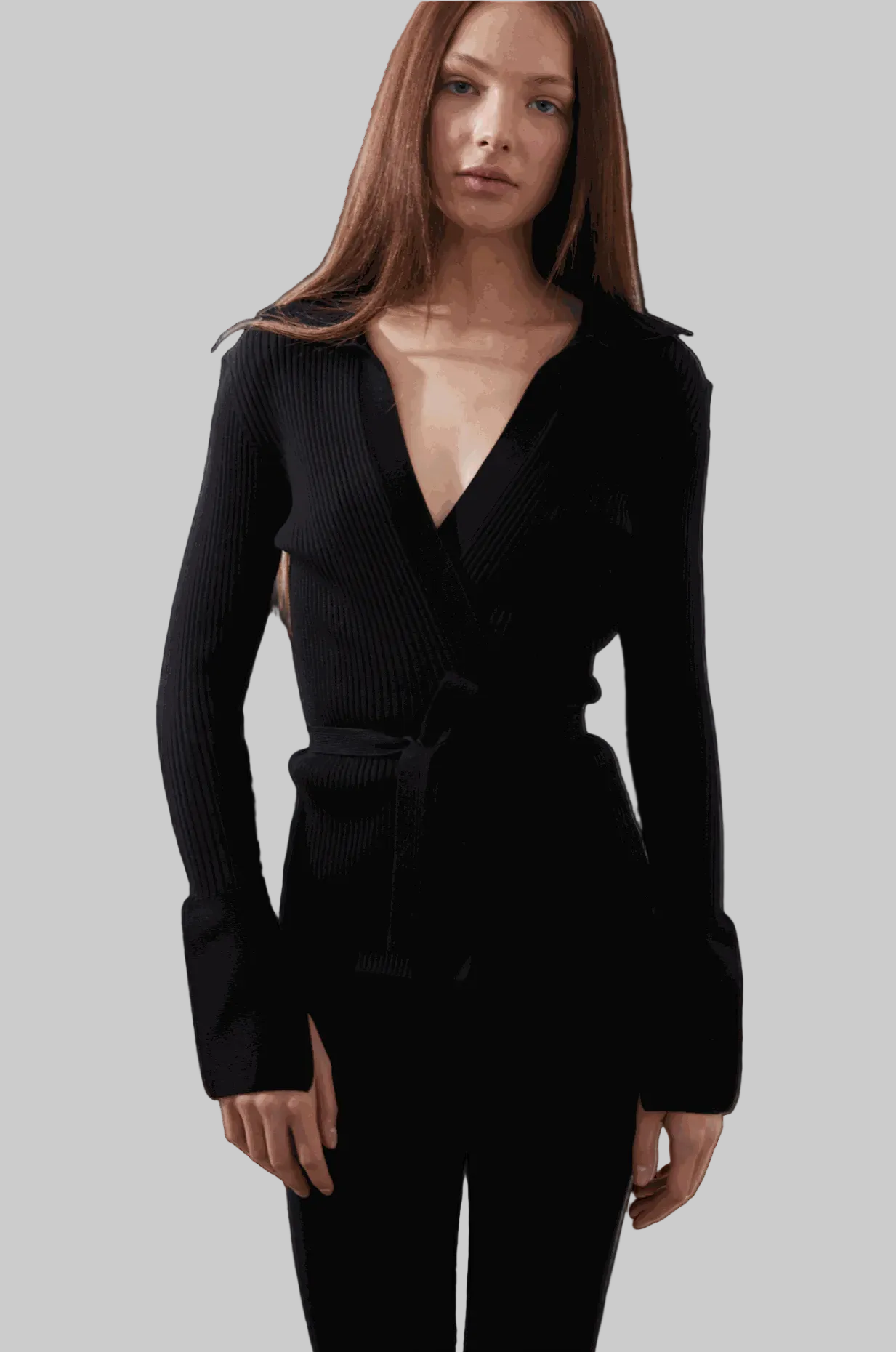 Elios Cardigan in black with waist tie and bell cuffs.