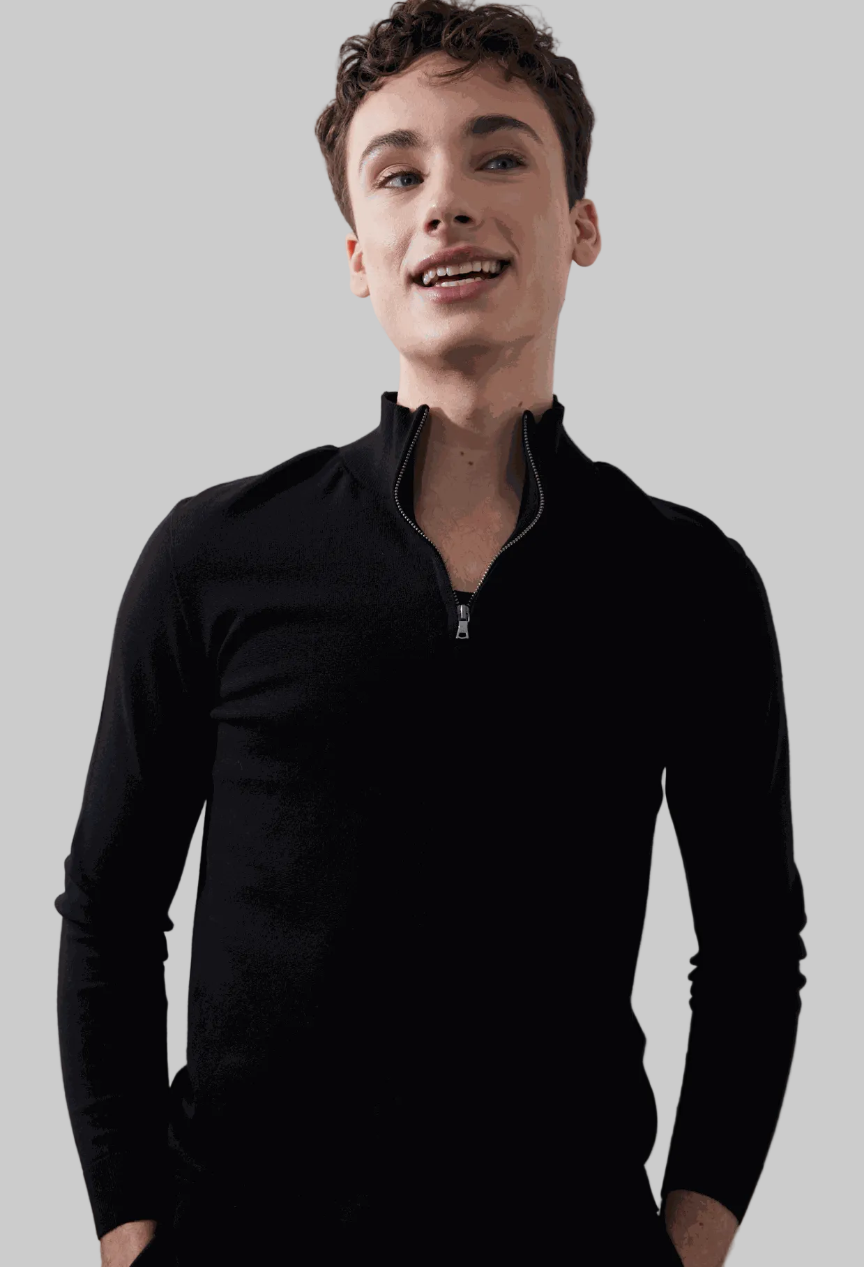 Nash Zip Pullover in black, featuring a quarter zip collar and ribbed cuffs, made from eco-friendly EcoViscose.