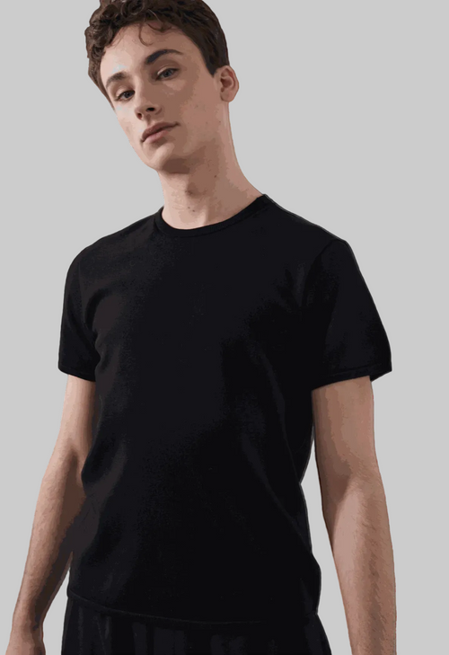 Beckett Tee in black, tailored fit, model wearing size medium.