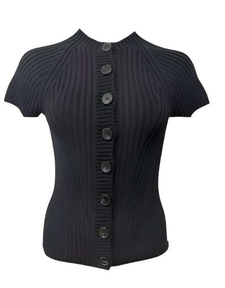 Piper Short Sleeve Cardigan in black with cap sleeves and ribbed design.