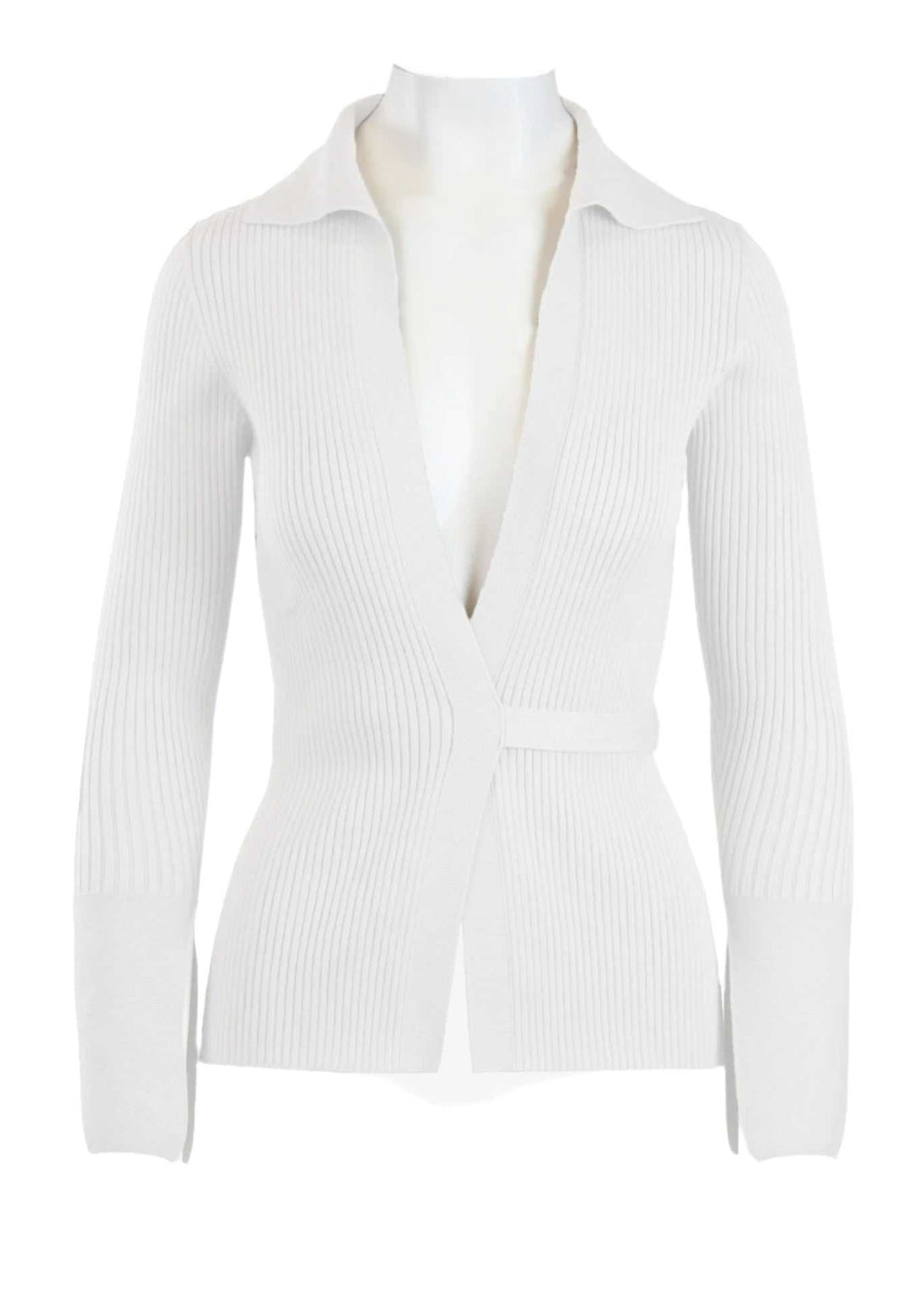 Elios Cardigan in white with plunging neckline and waist tie.