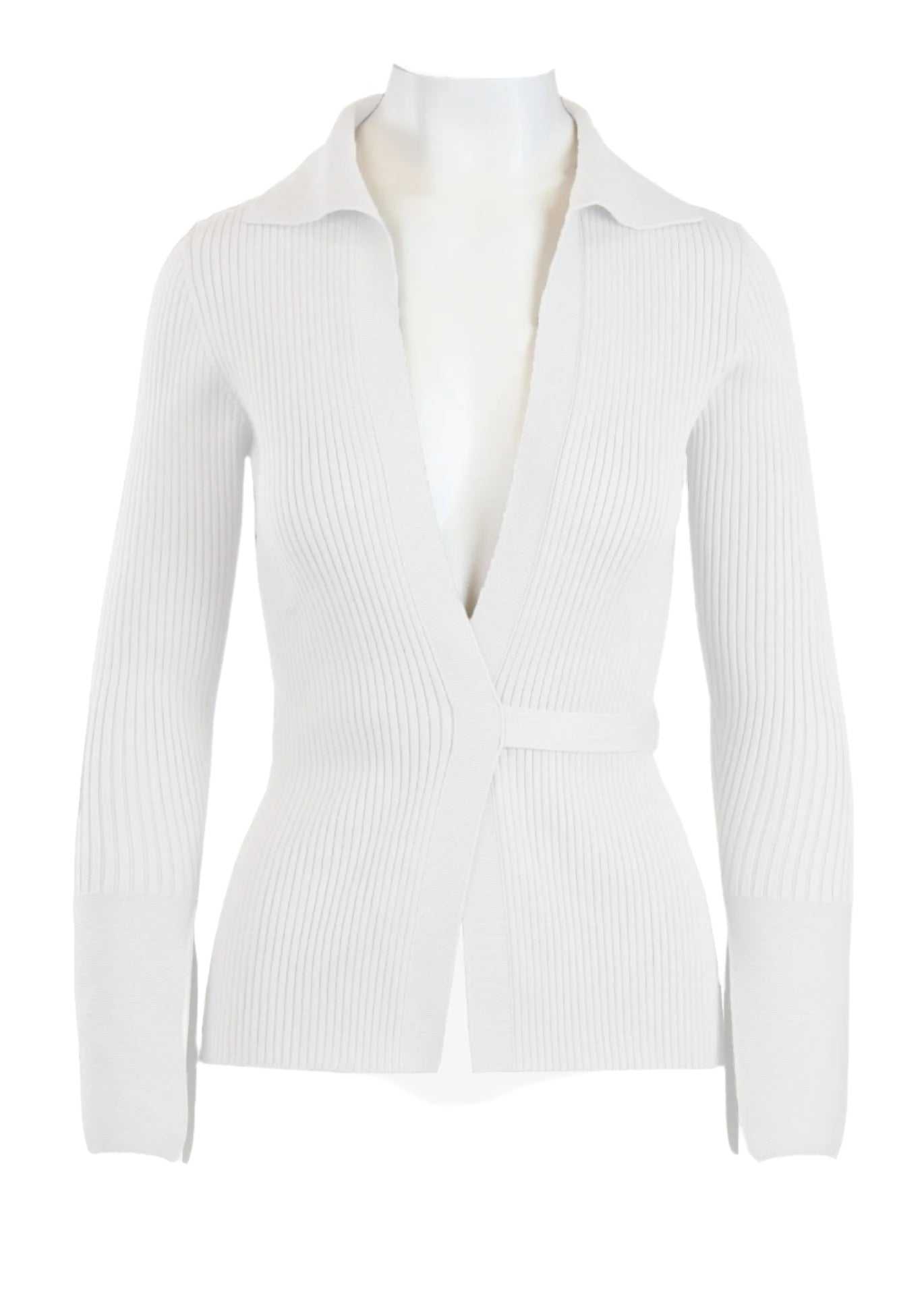 Elios Cardigan in white with plunging neckline and waist tie.